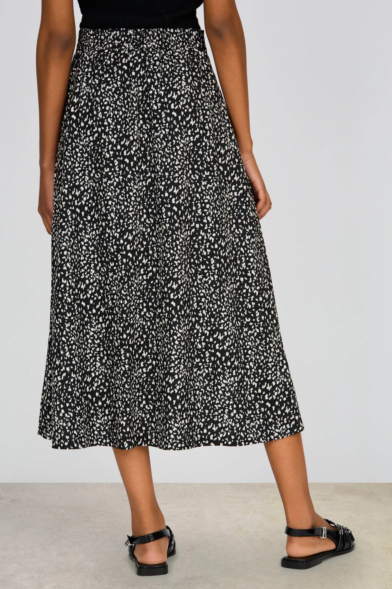 Black and white leopard print silky midi skirt