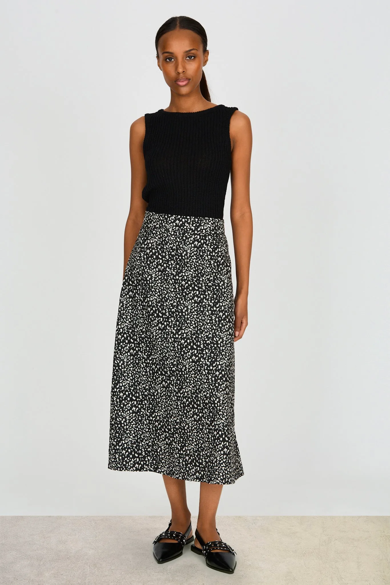 Black and white leopard print silky midi skirt