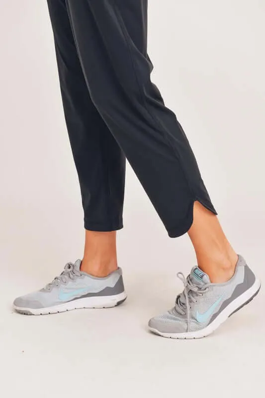 Black Athleisure Joggers with Curved Notch Hem