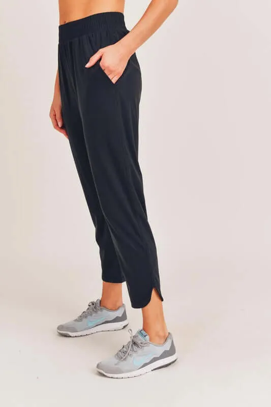 Black Athleisure Joggers with Curved Notch Hem