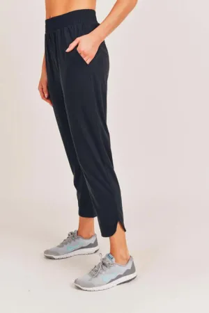 Black Athleisure Joggers with Curved Notch Hem