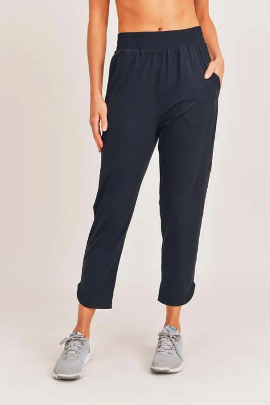 Black Athleisure Joggers with Curved Notch Hem