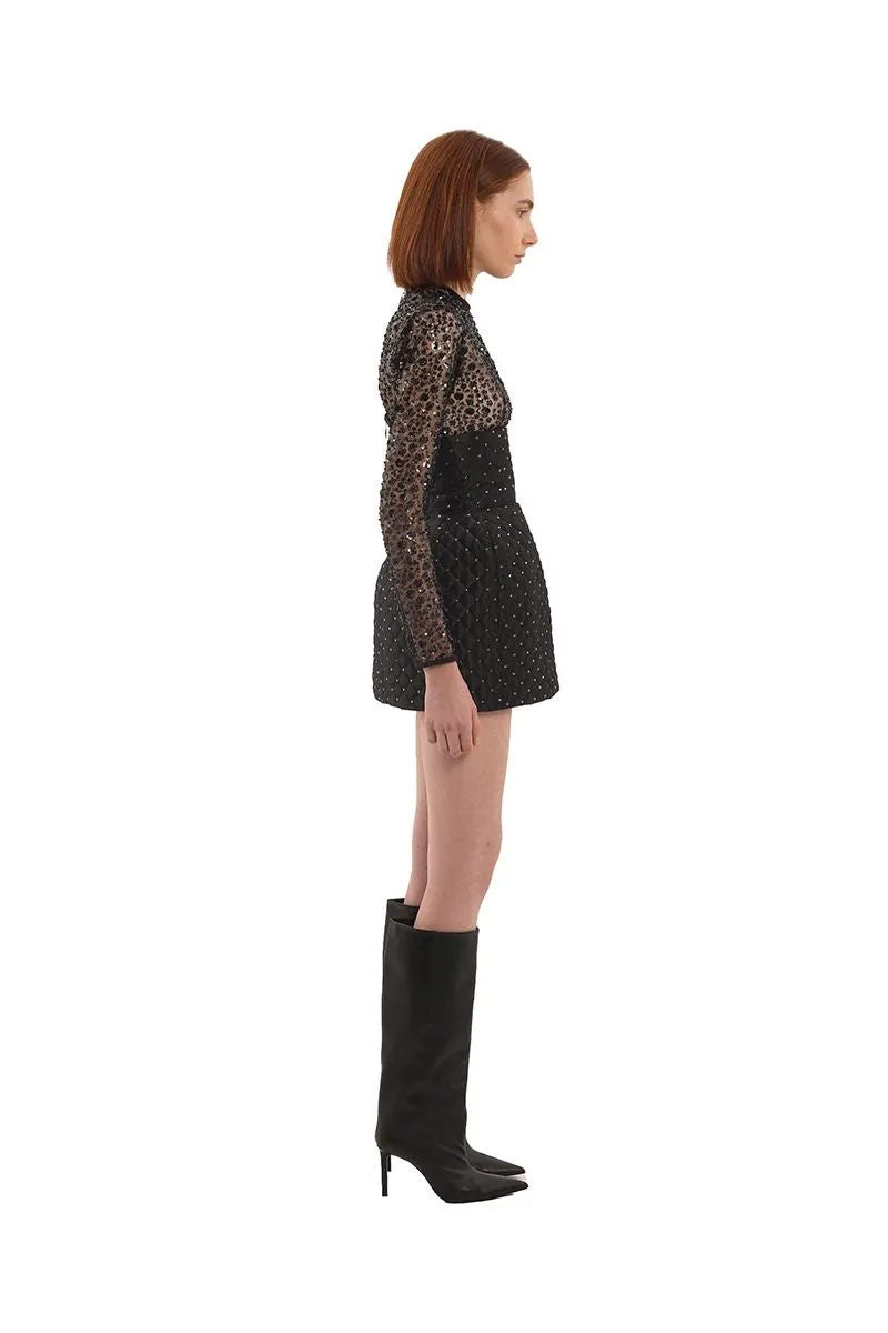 BLACK CRYSTAL QUILTED MINI SKIRT
