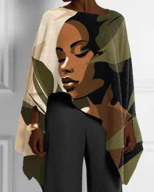 Black Girl Plant Color Matching Print Irregular Hem Ladies Top
