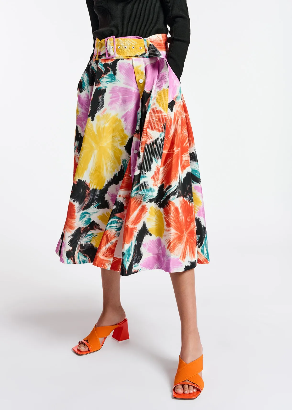Black, orange and yellow floral print midi-length skirt