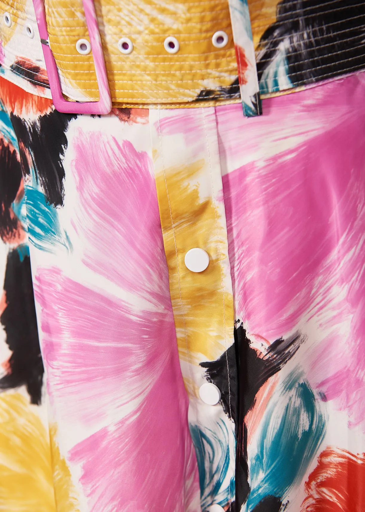 Black, orange and yellow floral print midi-length skirt