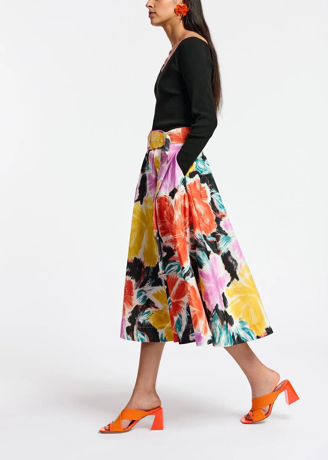 Black, orange and yellow floral print midi-length skirt