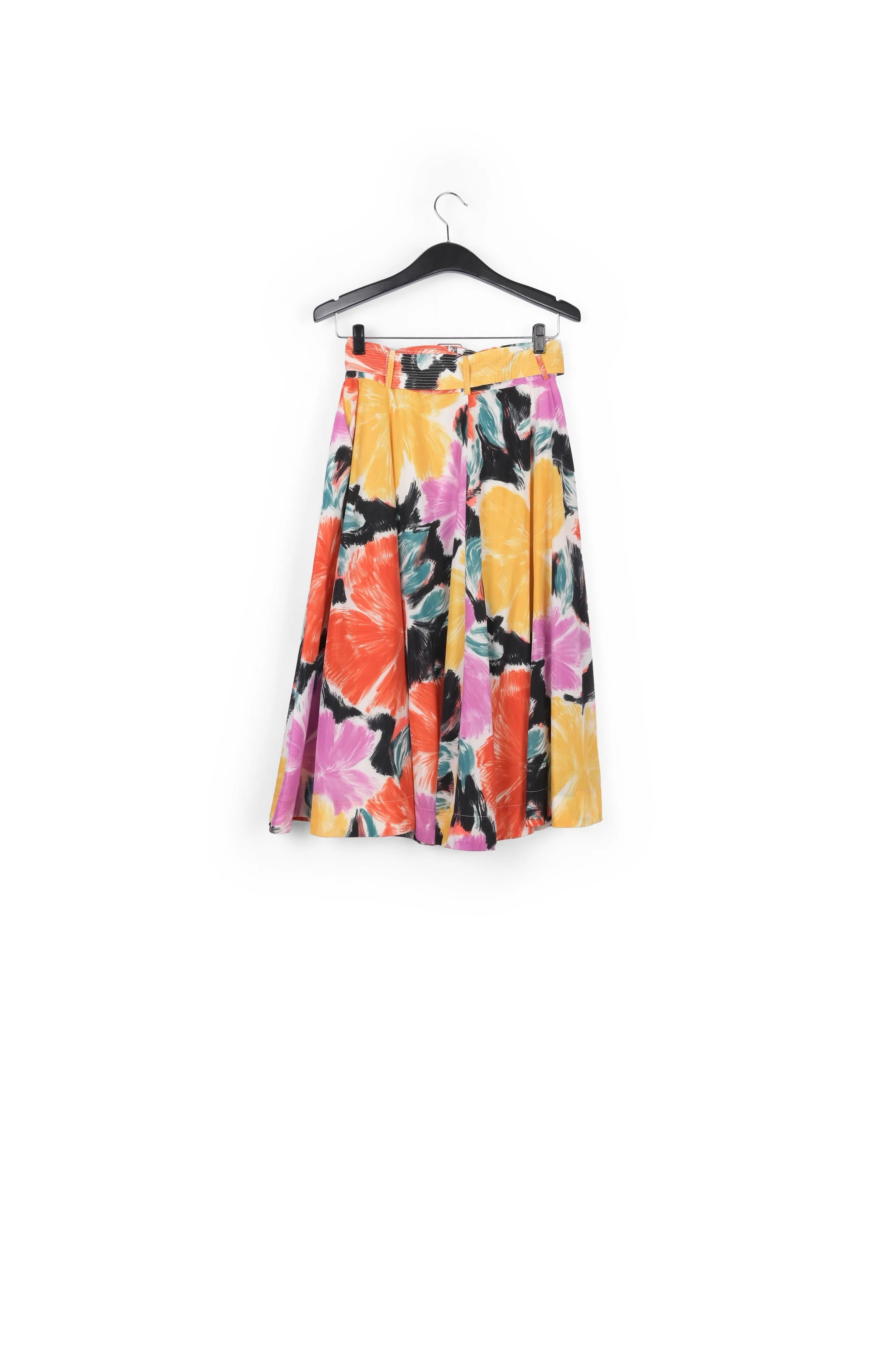 Black, orange and yellow floral print midi-length skirt
