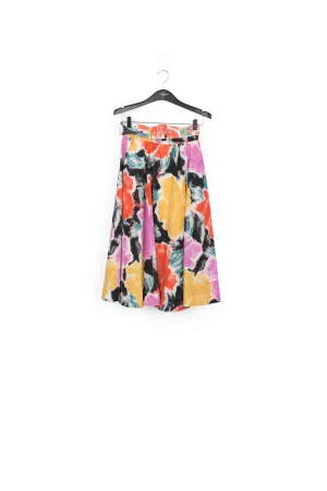 Black, orange and yellow floral print midi-length skirt