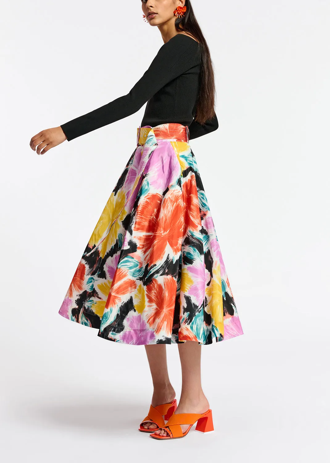 Black, orange and yellow floral print midi-length skirt