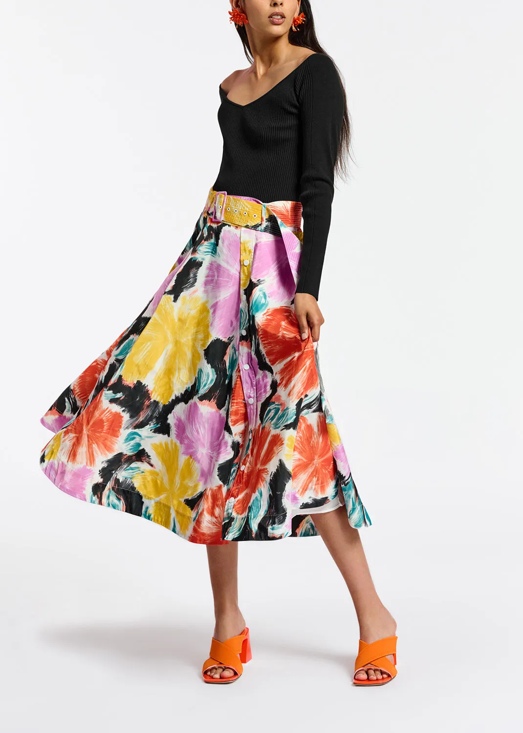 Black, orange and yellow floral print midi-length skirt