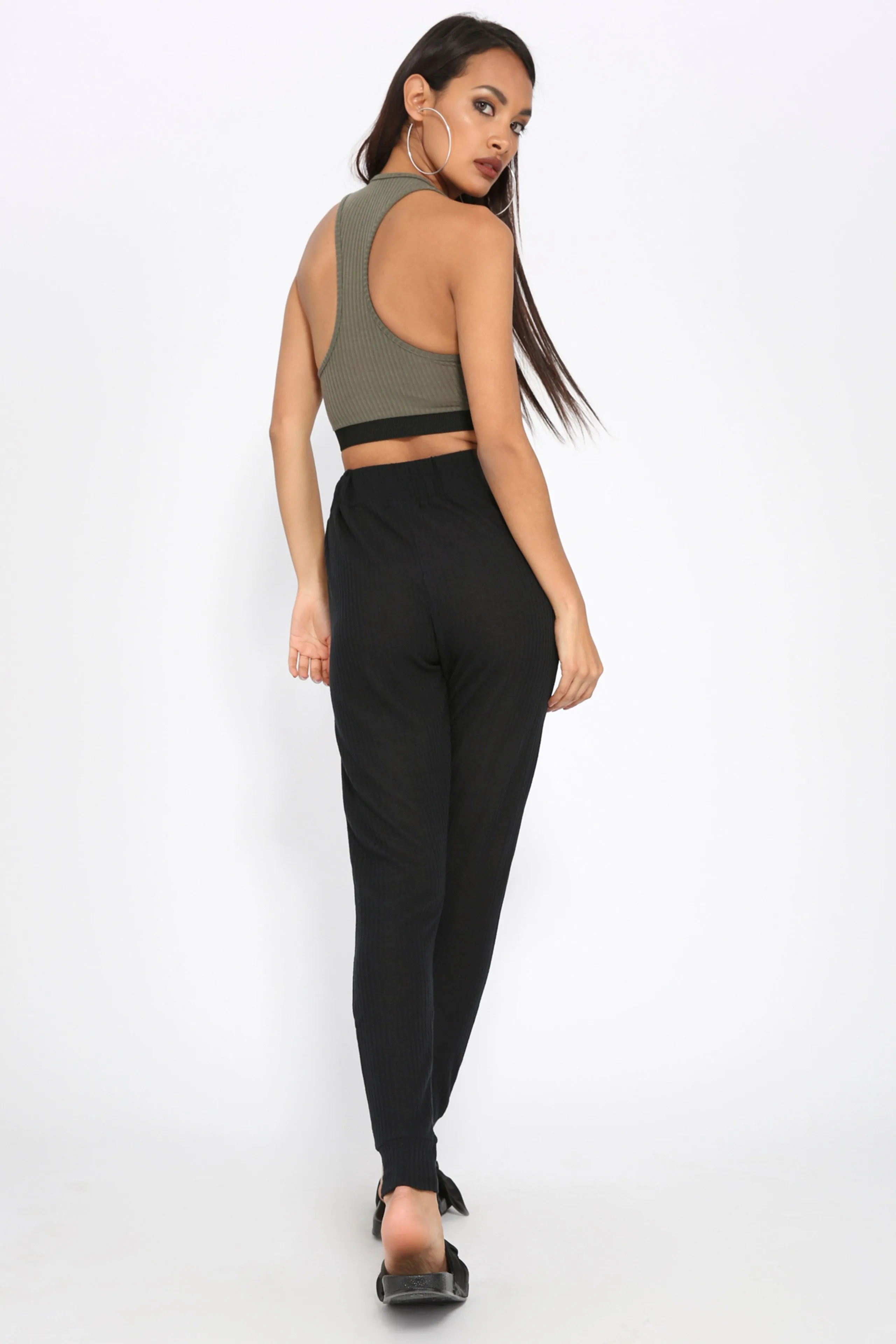 Black Ribbed Drawstring Joggers