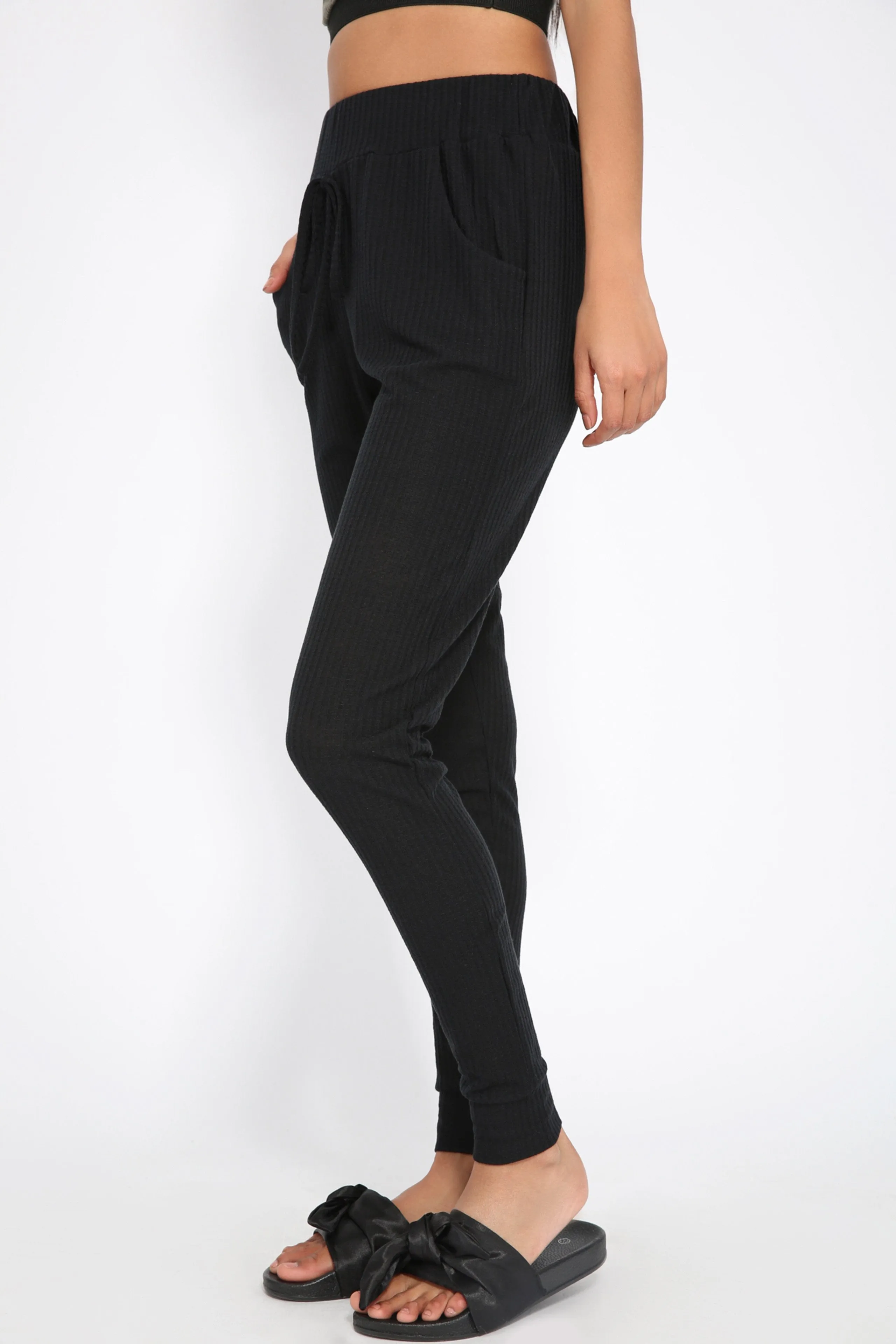 Black Ribbed Drawstring Joggers