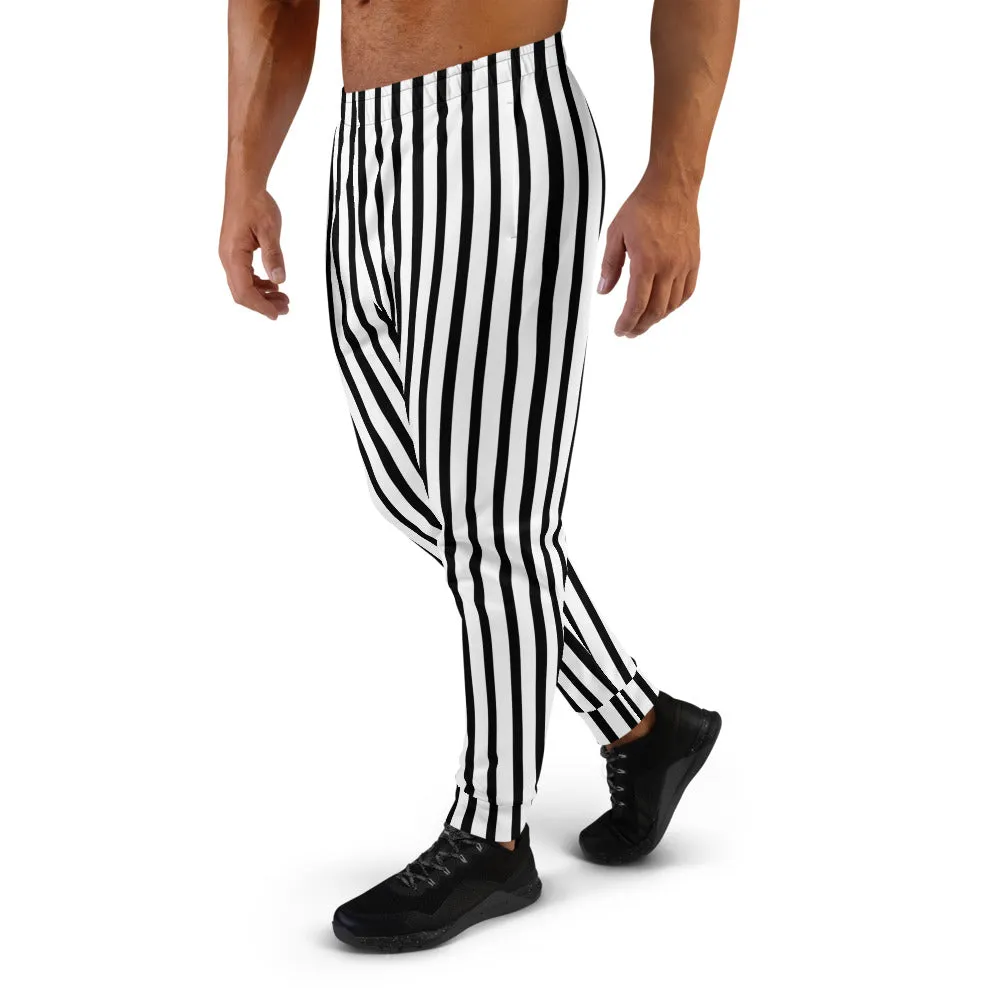 Black White Striped Men's Joggers, Modern Casual Stripe Print Sweatpants- Made in EU