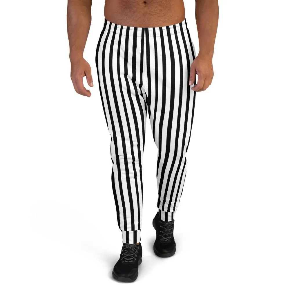 Black White Striped Men's Joggers, Modern Casual Stripe Print Sweatpants- Made in EU