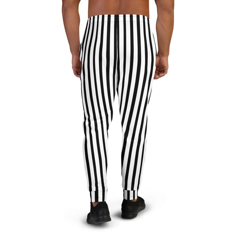 Black White Striped Men's Joggers, Modern Casual Stripe Print Sweatpants- Made in EU