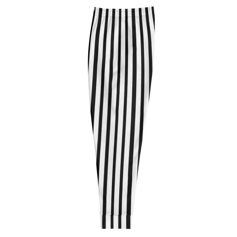 Black White Striped Men's Joggers, Modern Casual Stripe Print Sweatpants- Made in EU