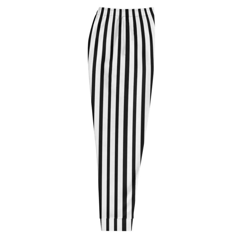 Black White Striped Men's Joggers, Modern Casual Stripe Print Sweatpants- Made in EU