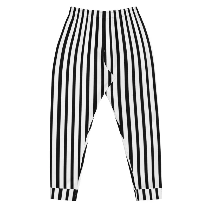 Black White Striped Men's Joggers, Modern Casual Stripe Print Sweatpants- Made in EU