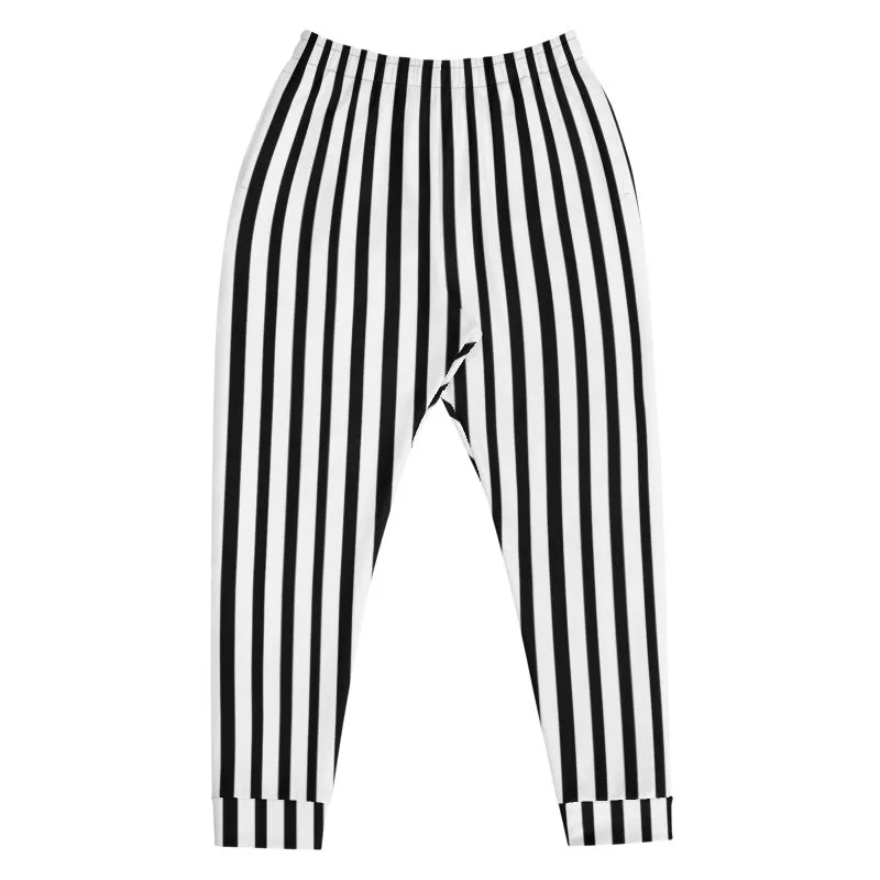 Black White Striped Men's Joggers, Modern Casual Stripe Print Sweatpants- Made in EU