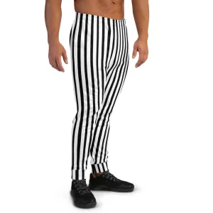 Black White Striped Men's Joggers, Modern Casual Stripe Print Sweatpants- Made in EU