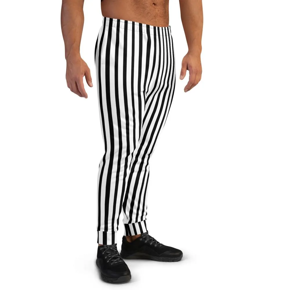 Black White Striped Men's Joggers, Modern Casual Stripe Print Sweatpants- Made in EU