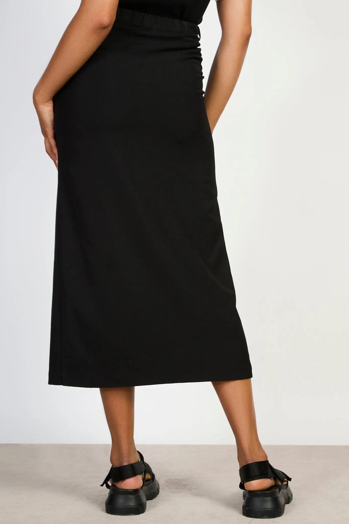 Black zip front midi skirt