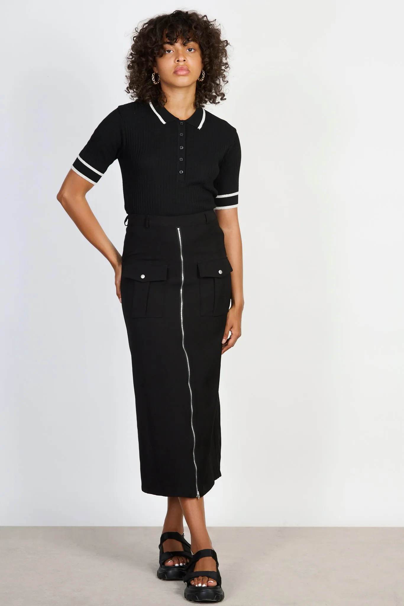 Black zip front midi skirt