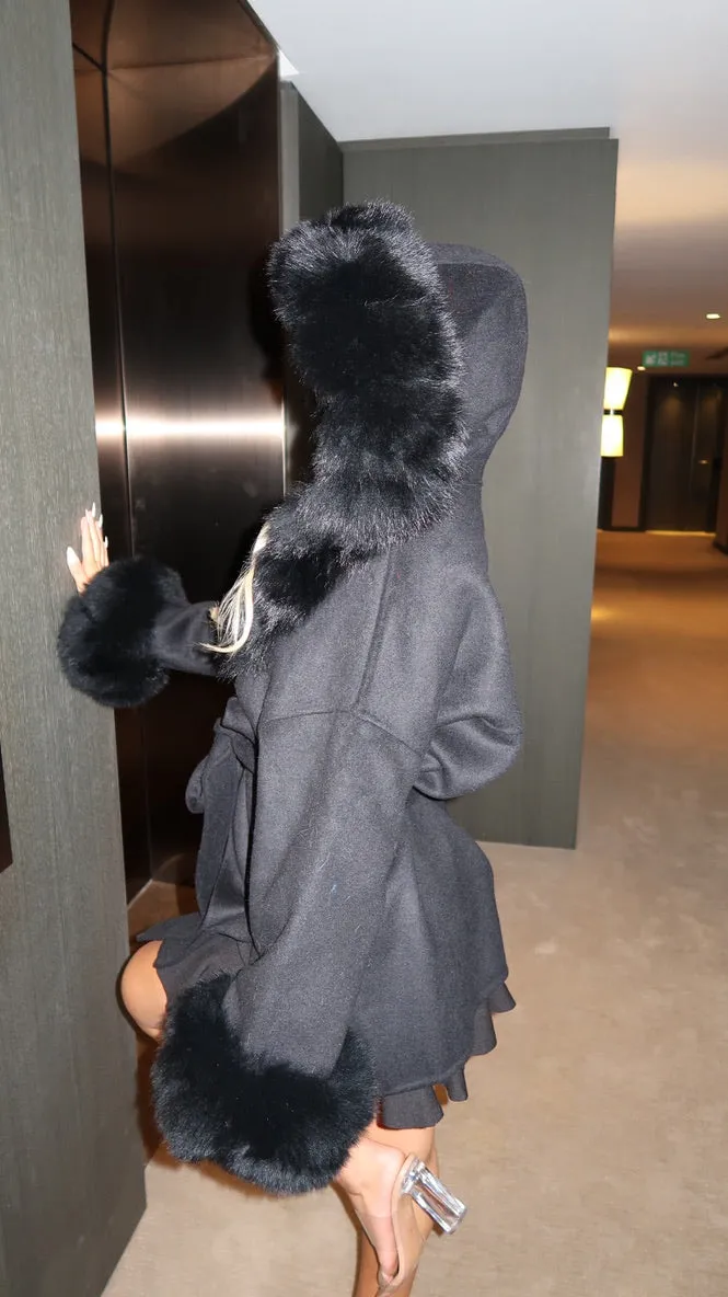 Black/Black Cashmere Coat With Fox Fur Trim