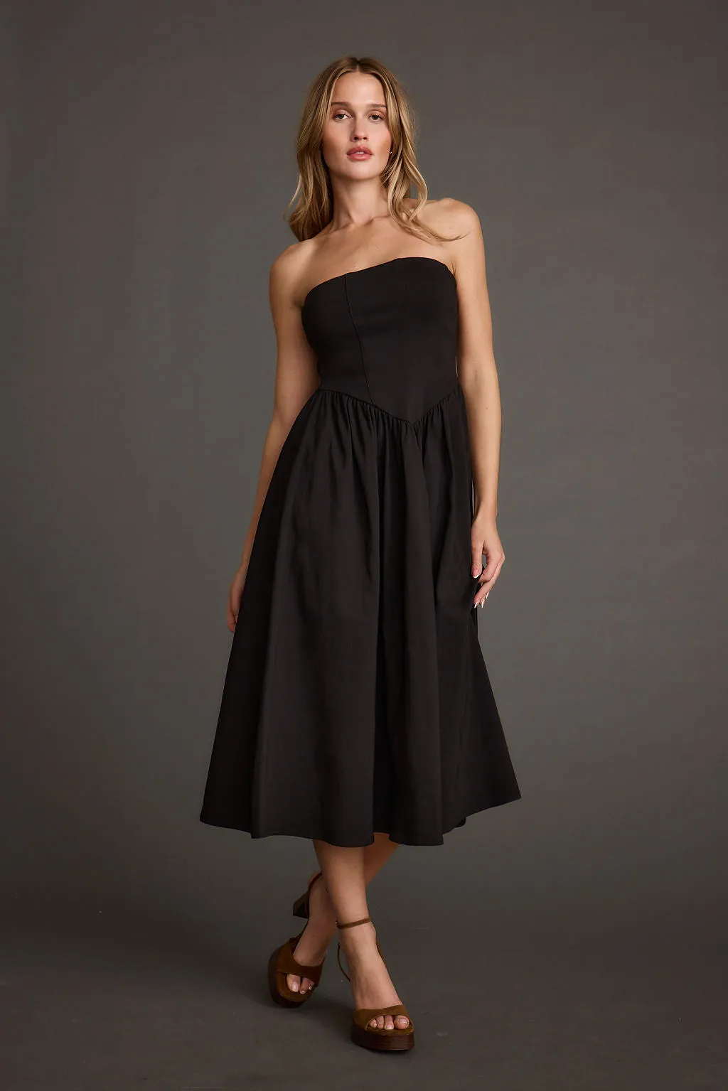 Blaire Strapless Drop Waist Midi Dress