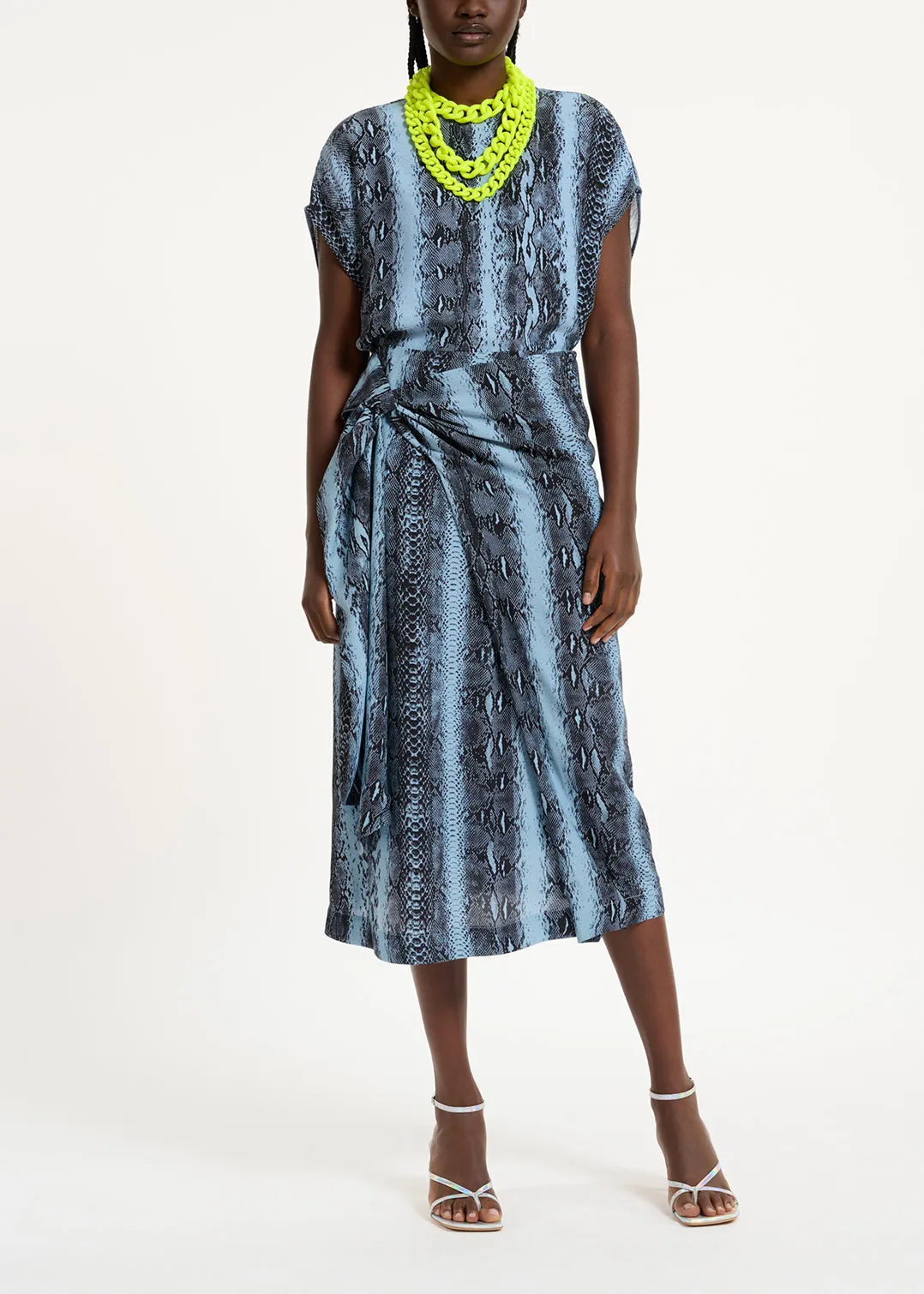 Blue and black snake-print midi skirt
