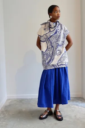 Blue Printed Cap Sleeve Mock Neck Sweater