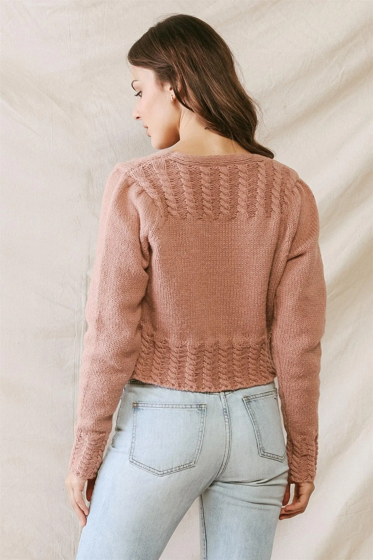 Blush Cable Knit Front Button-Up Long Sleeve Cropped Sweater /2-2-2