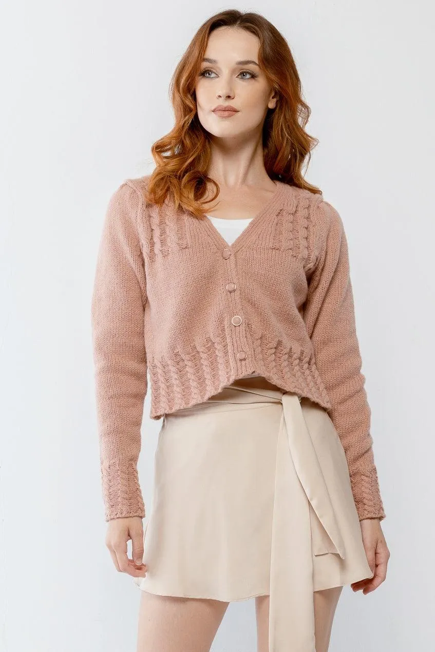 Blush Cable Knit Front Button-Up Long Sleeve Cropped Sweater /2-2-2
