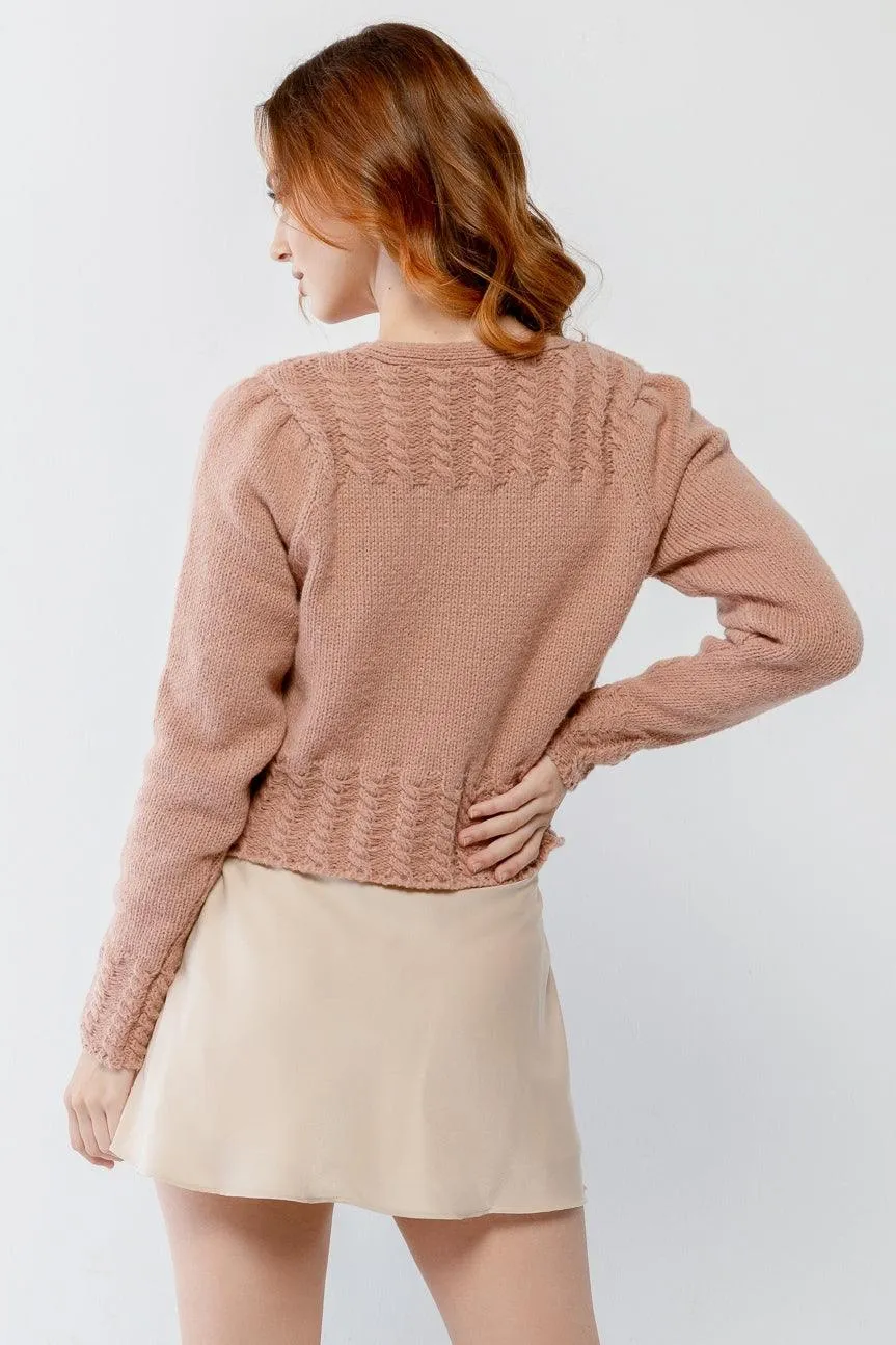 Blush Cable Knit Front Button-Up Long Sleeve Cropped Sweater /2-2-2