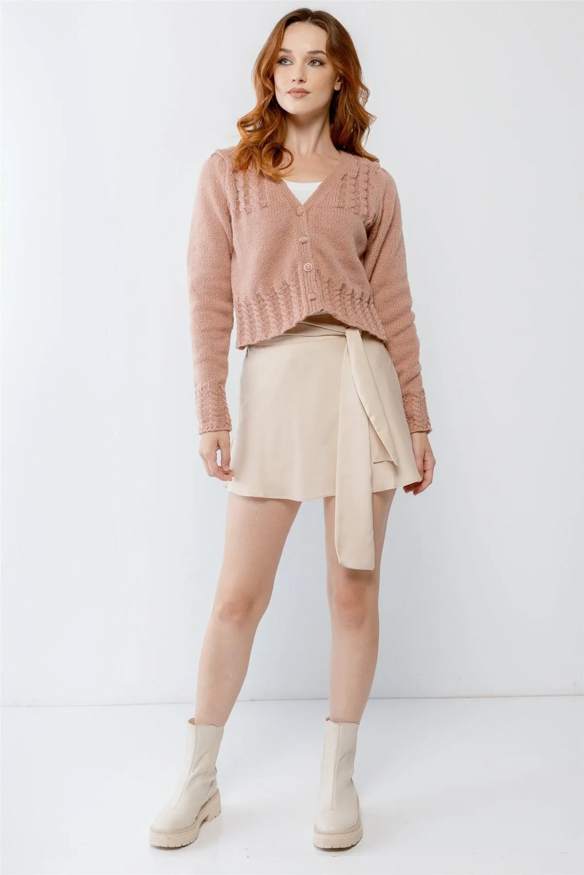 Blush Cable Knit Front Button-Up Long Sleeve Cropped Sweater /2-2-2