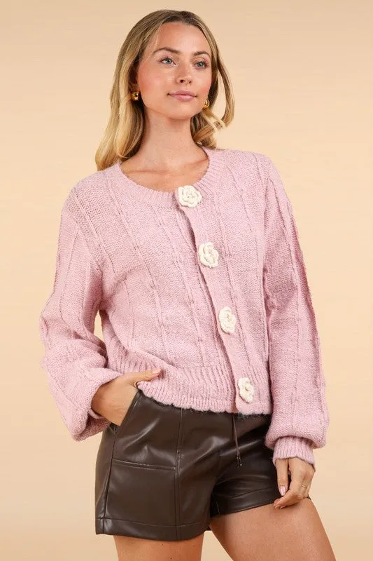 Blush Floral Button Crop Length Knit Sweater Cardigan