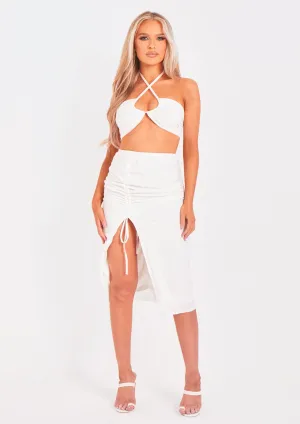 Brogan Ivory Ruched Side Split Midi Skirt