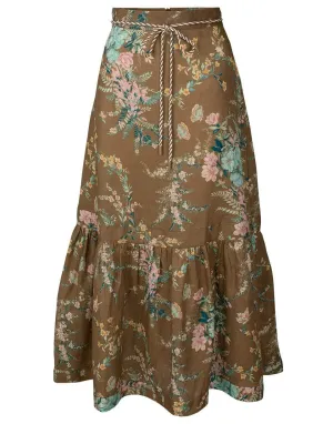 Brown Floral Cassia Frill Hem Midi Skirt