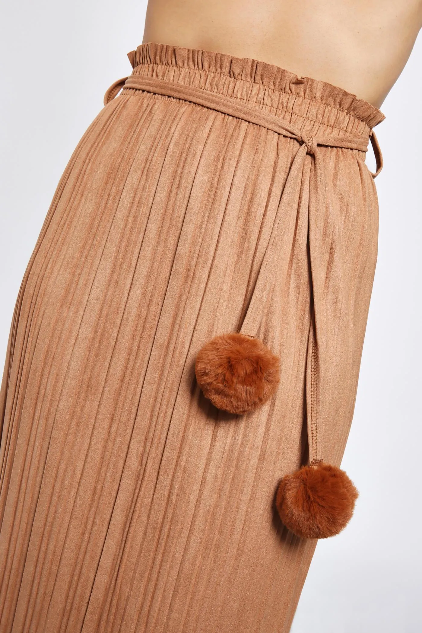 Brown Pleated Midi Skirt With Pom Poms