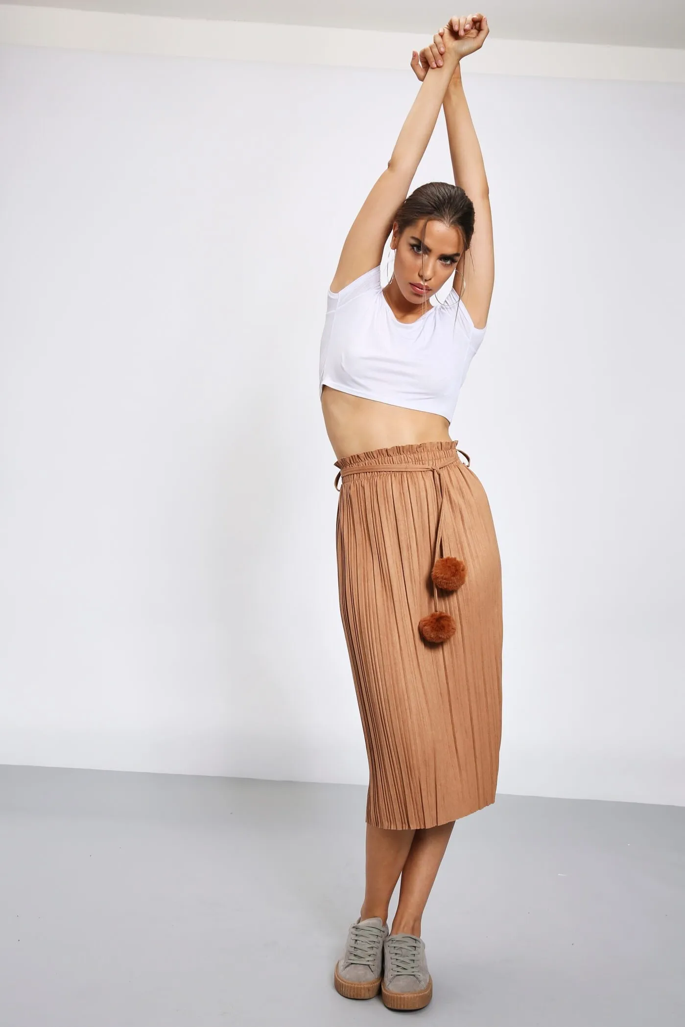 Brown Pleated Midi Skirt With Pom Poms