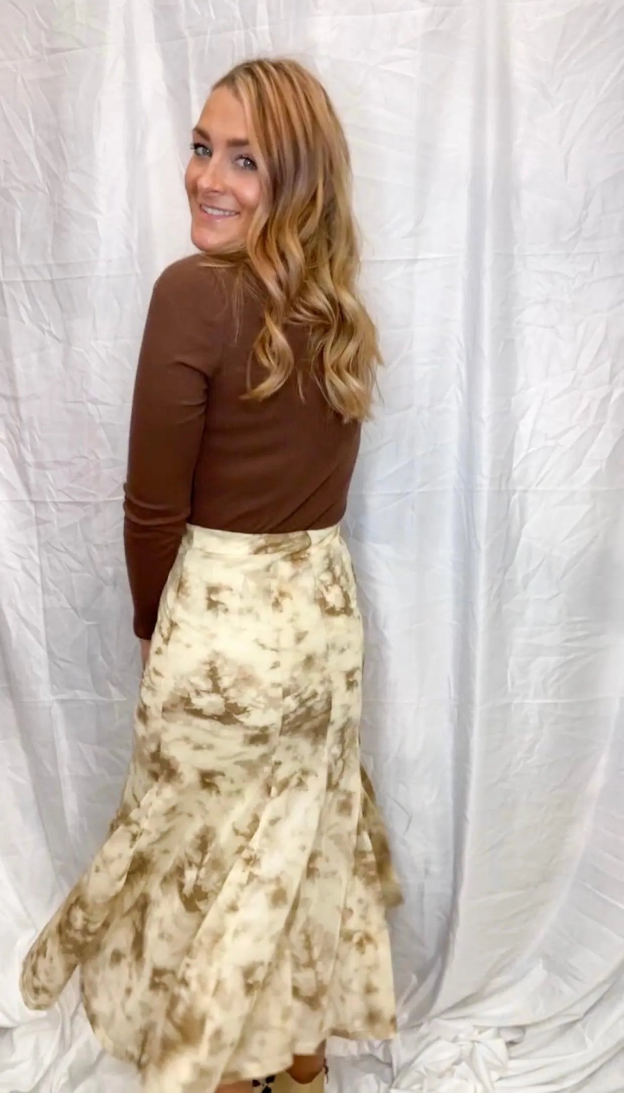 Brown/Beige Tie Dye Midi Skirt