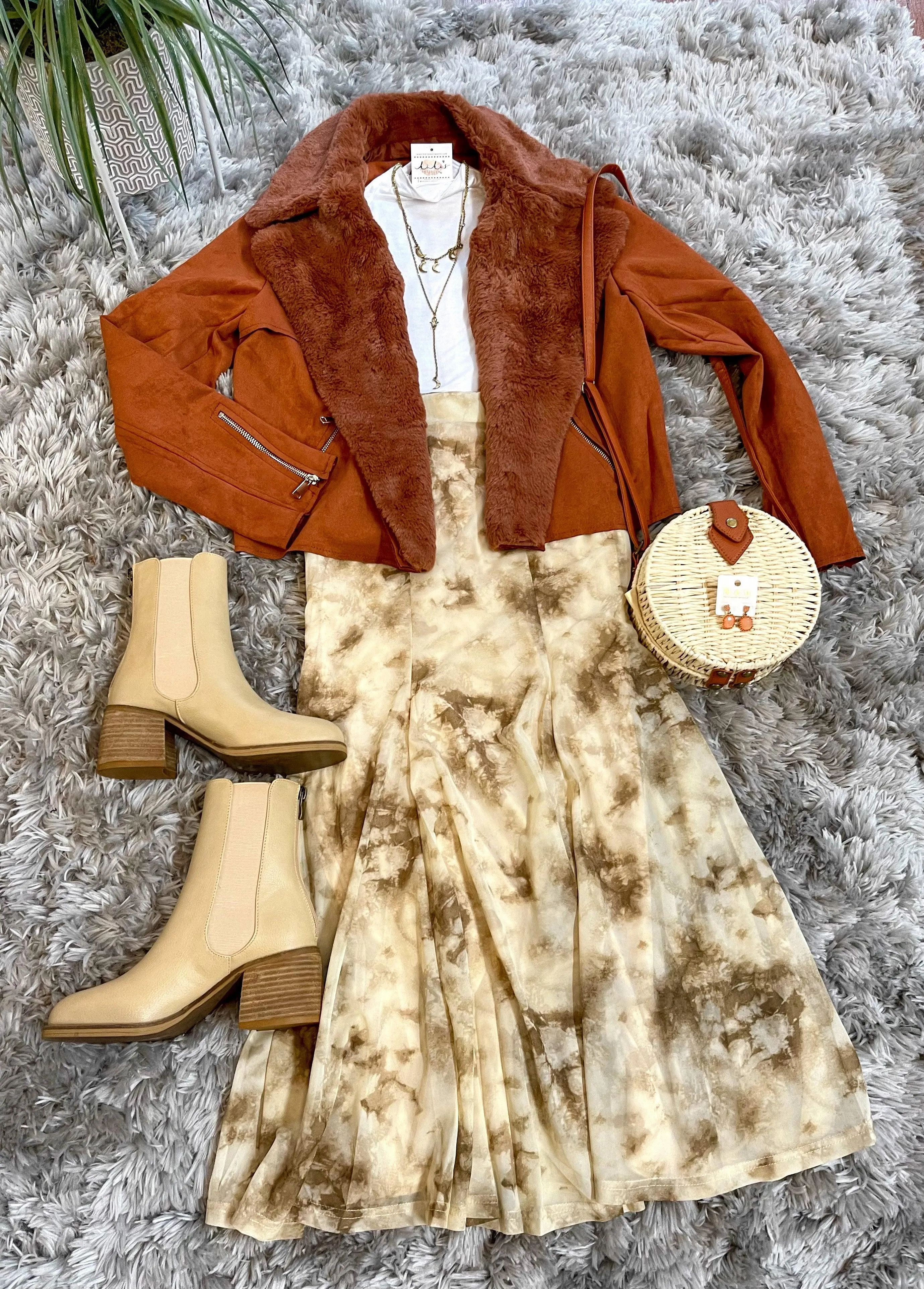 Brown/Beige Tie Dye Midi Skirt
