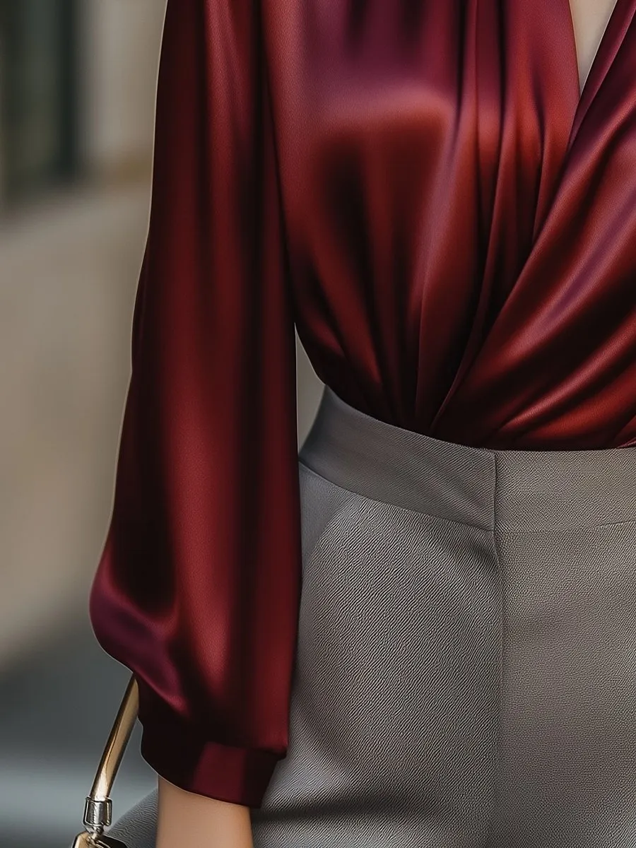 Burgundy Satin Scarf-Neck Wrap Blouse