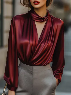 Burgundy Satin Scarf-Neck Wrap Blouse