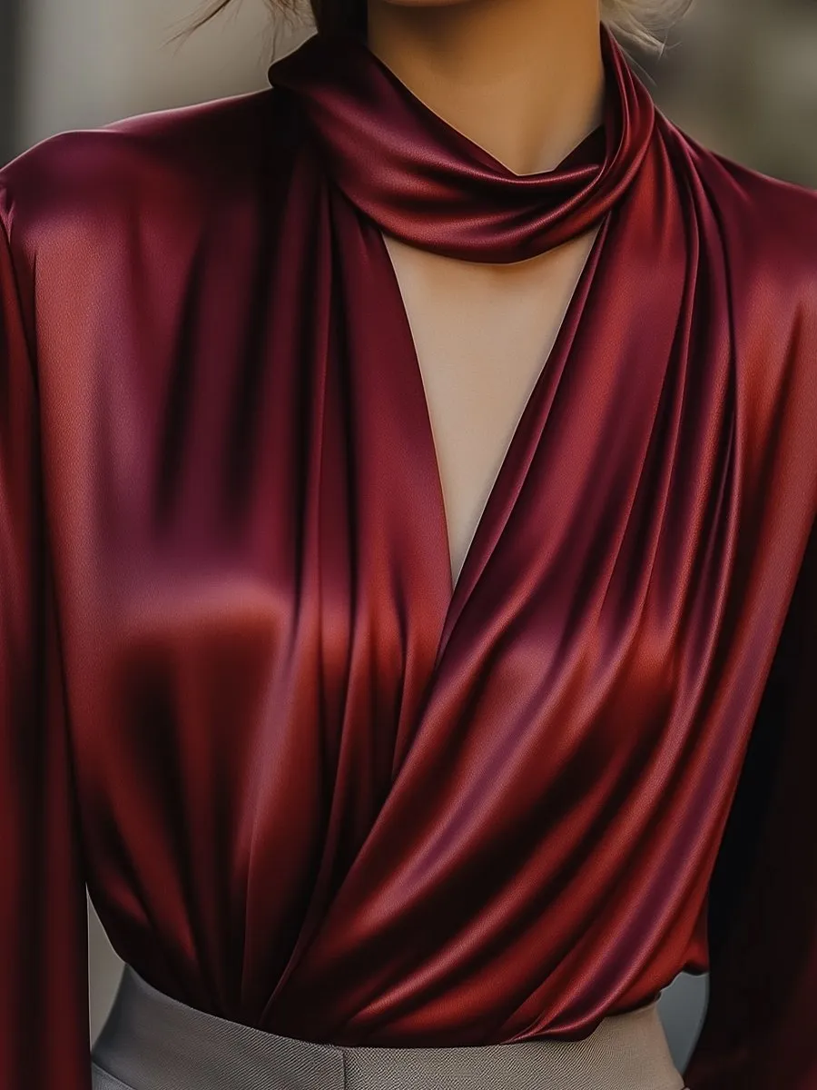 Burgundy Satin Scarf-Neck Wrap Blouse