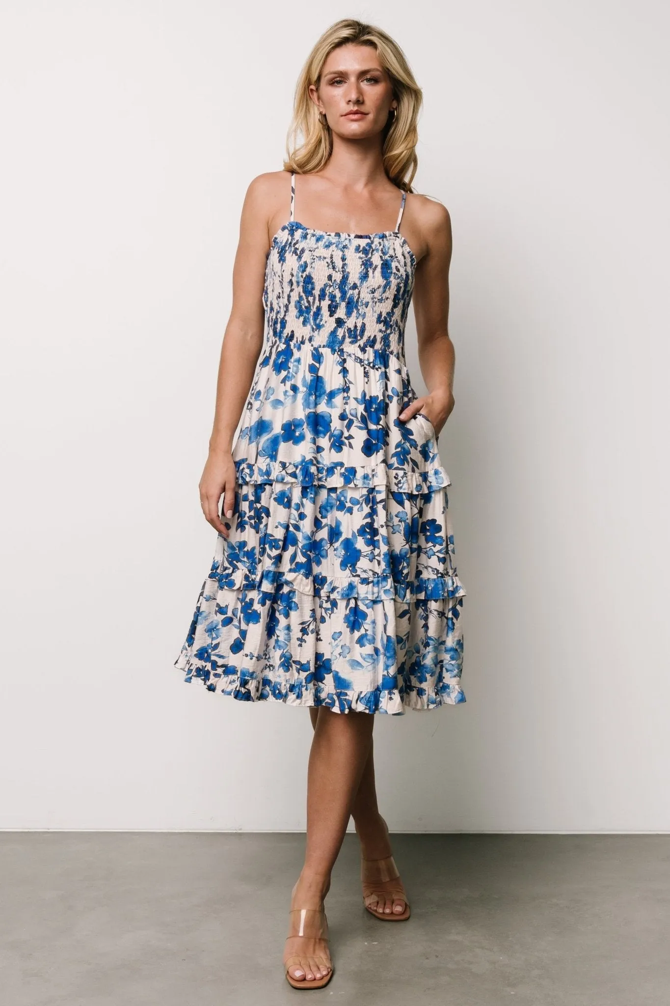 Calina Midi Dress | Ivory   Blue Floral