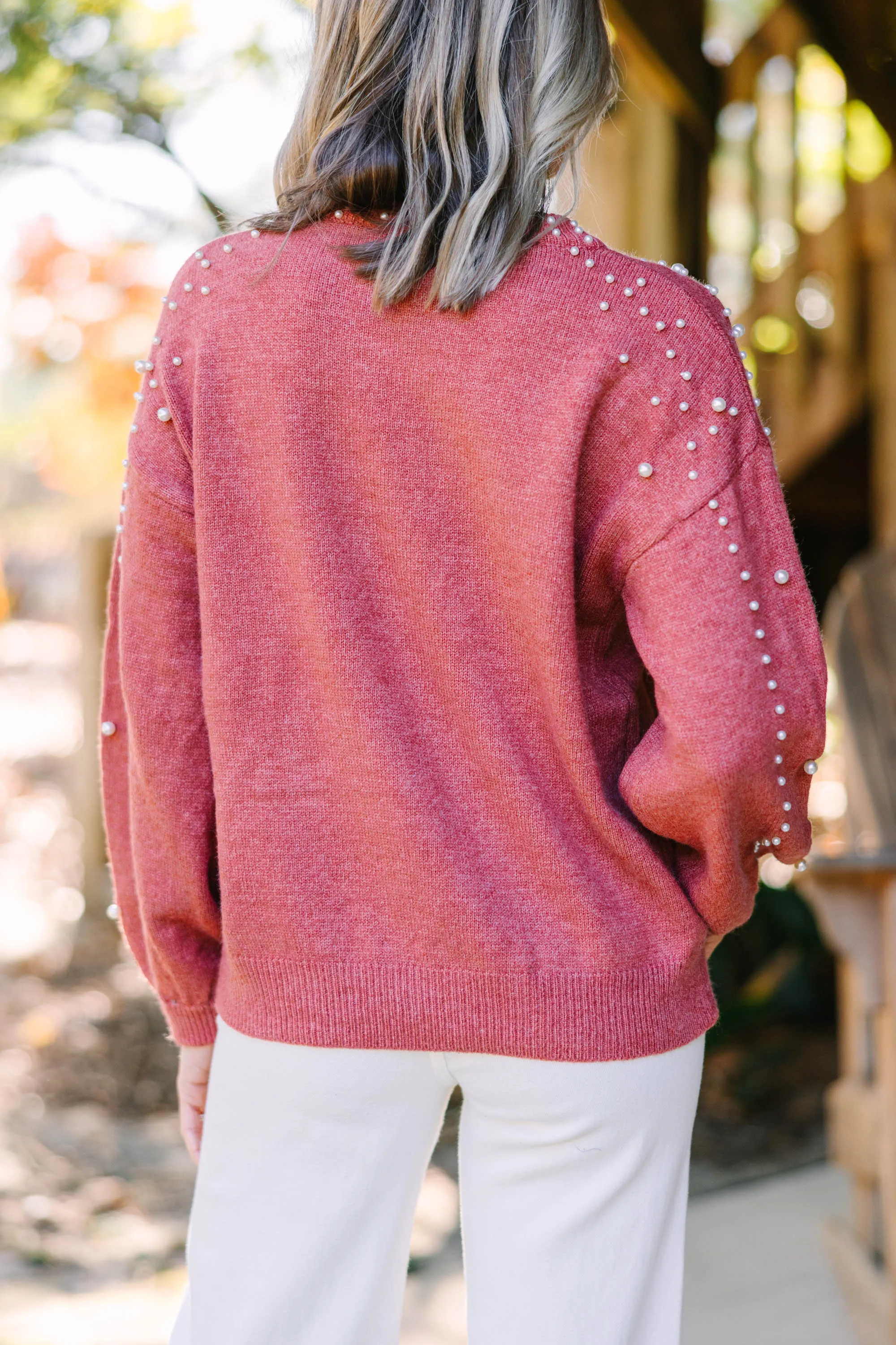 Can't Help But Love Amber Orange Pearl Studded Sweater