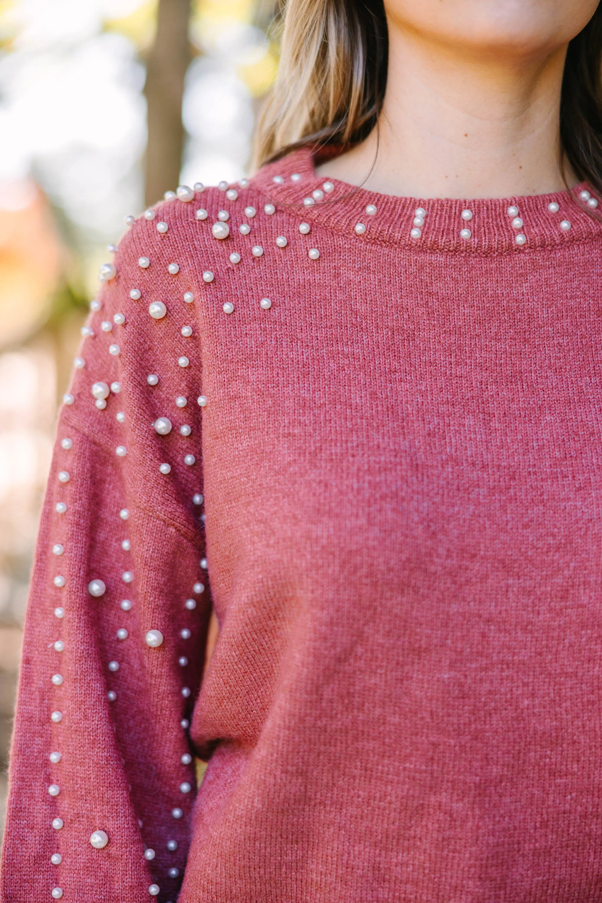 Can't Help But Love Amber Orange Pearl Studded Sweater