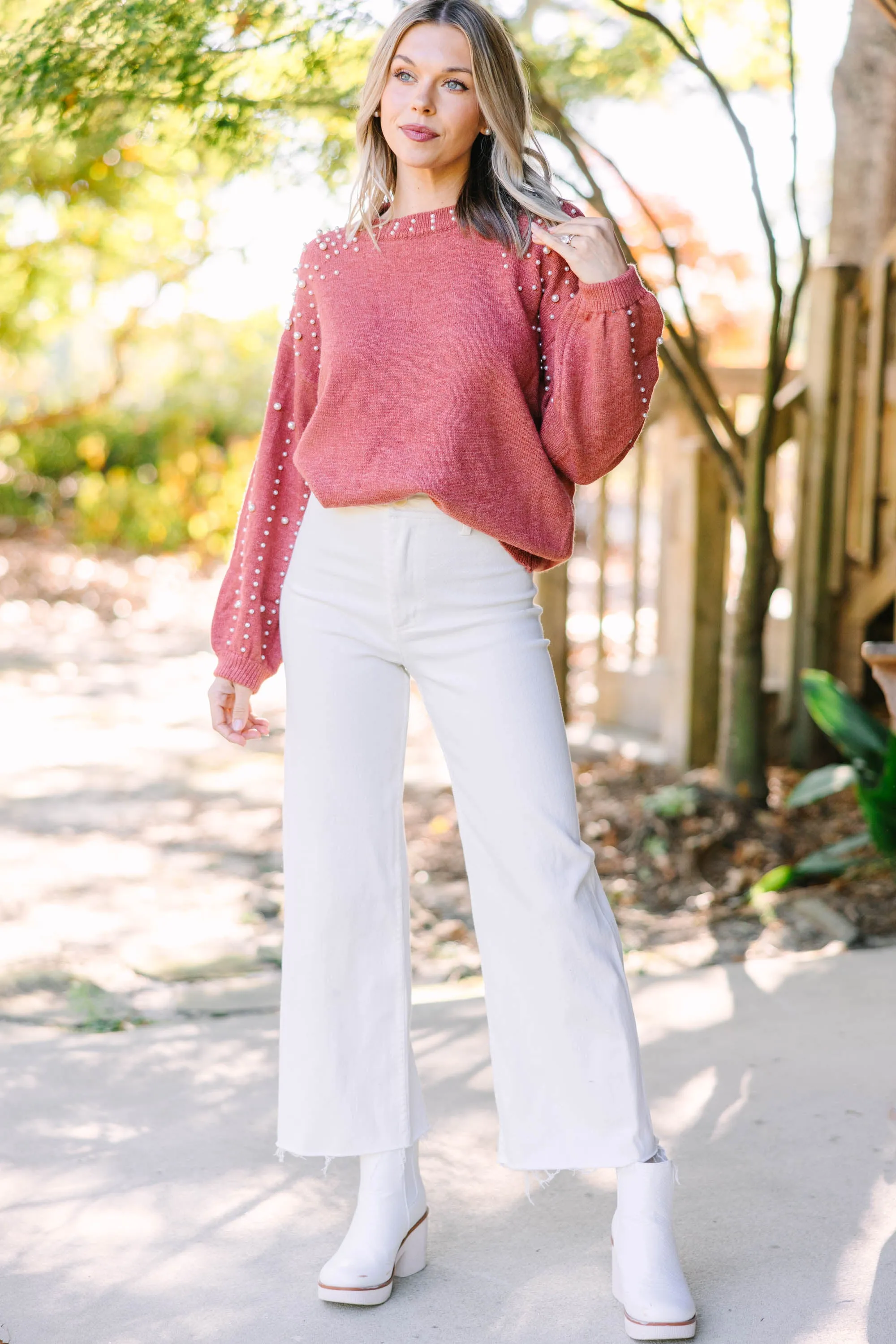 Can't Help But Love Amber Orange Pearl Studded Sweater